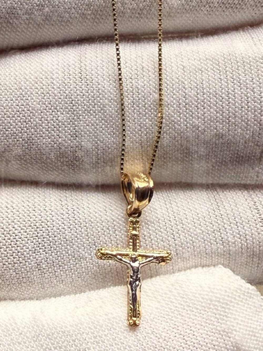 14K Two Tone Gold Tiny Crucufix Pendant With 0.8mm Box Chain - 24 inch